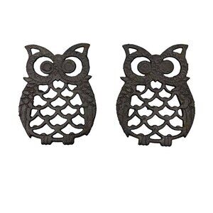 2 Small Vtg Owl Cast Iron Trivet Taiwan Rustic Kitchen Decor Spoon Rest Wall Art